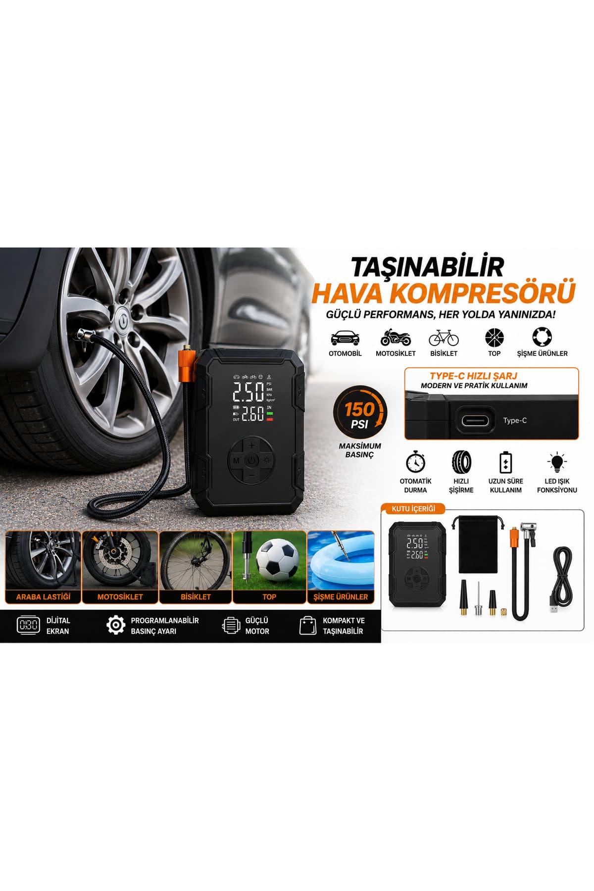 Mega Oto Market 150 PSI Şarjlı Taşınabilir Hava Kompresörü Dijital Ekranlı Lastik Şişirme Pompası
