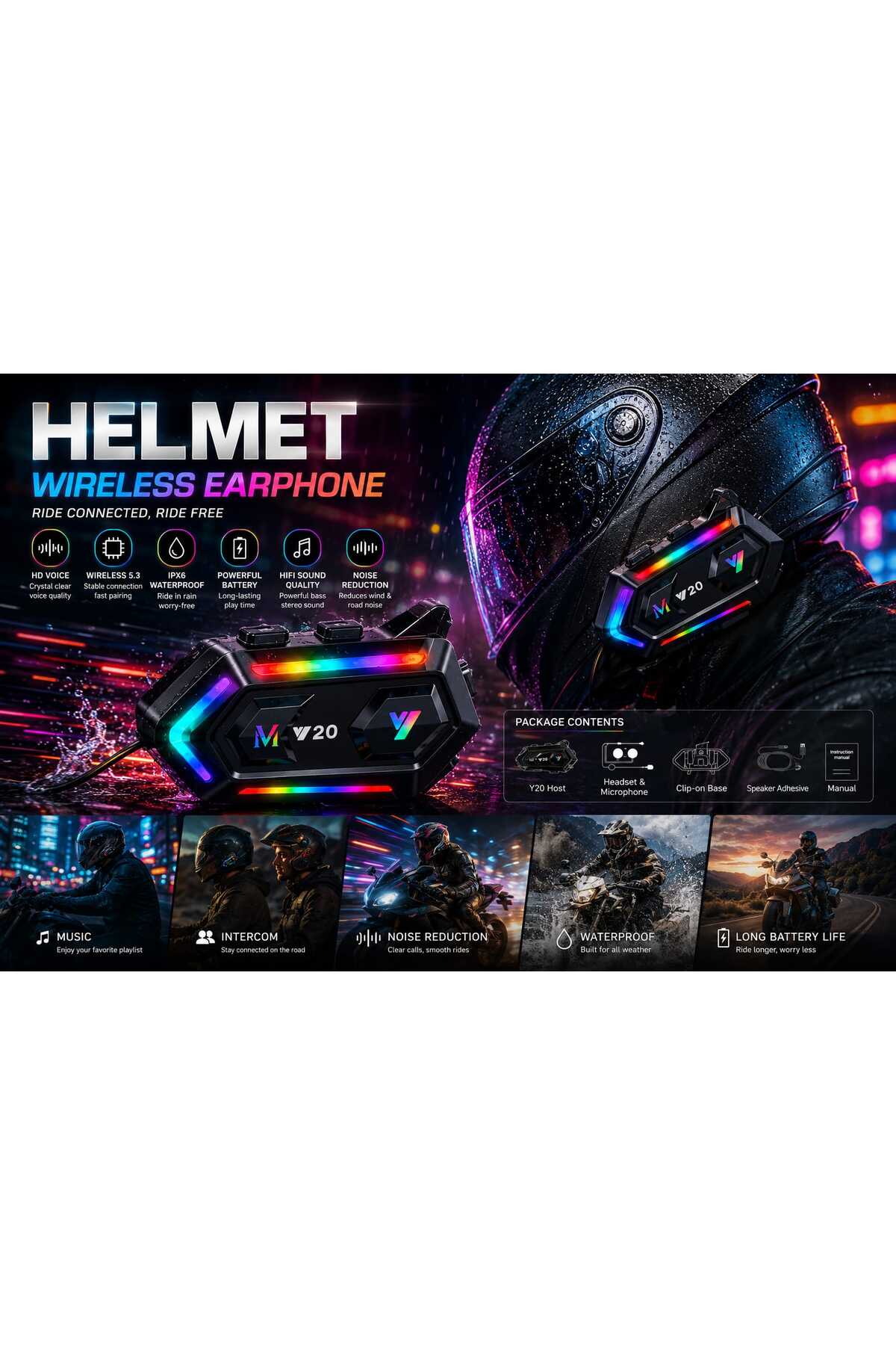 Y20 Bluetooth 5.3 Kask Kulaklığı – Motosiklet İnterkom, Mikrofonlu, IPX6 Suya Dayanıklı, Gürültü Azaltmalı RGB Kask İçi Kulaklık