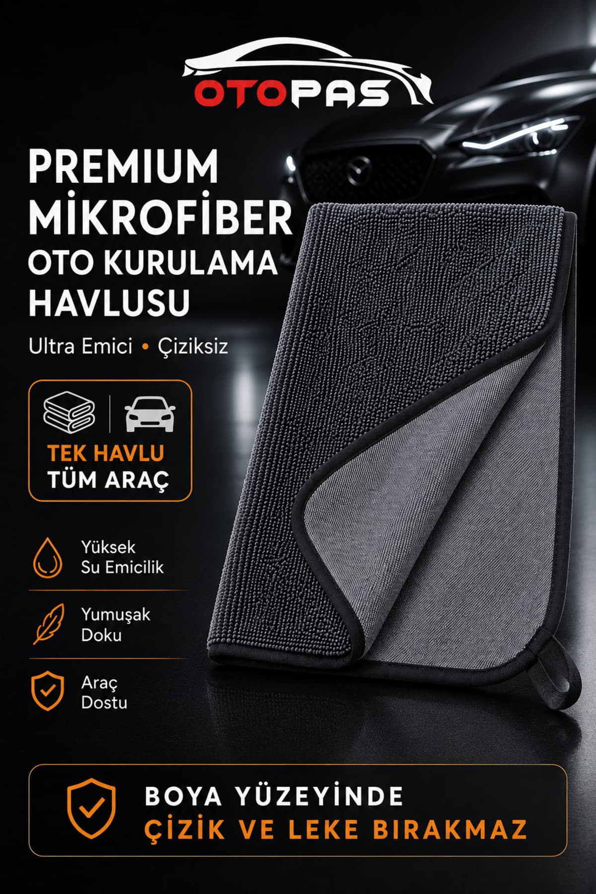 50x70 cm Premium Mikrofiber Araç Kurulama Havlusu – Tek Havlu Tüm Araç