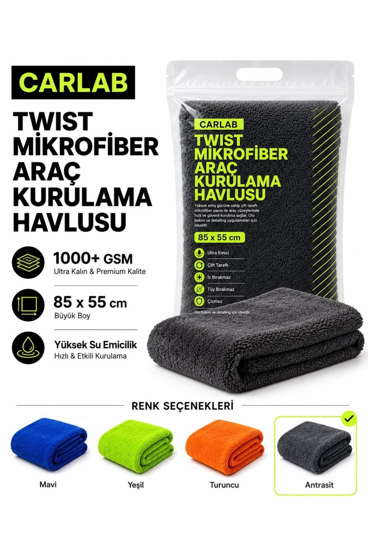 carlab Twist Mikrofiber Araç Kurulama Havlusu 1000+GSM 85x55 cm Yüksek Su Emici Çift Taraflı