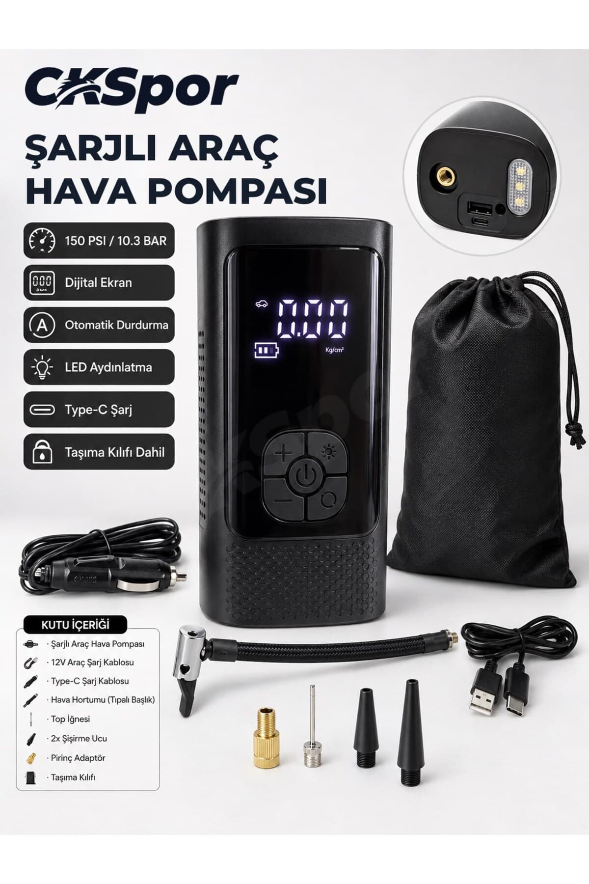 SLİPT CKSPOR Şarjlı Araç Hava Pompası 150 PSI Dijital Otomatik Durdurmalı Taşınabilir Kompresör