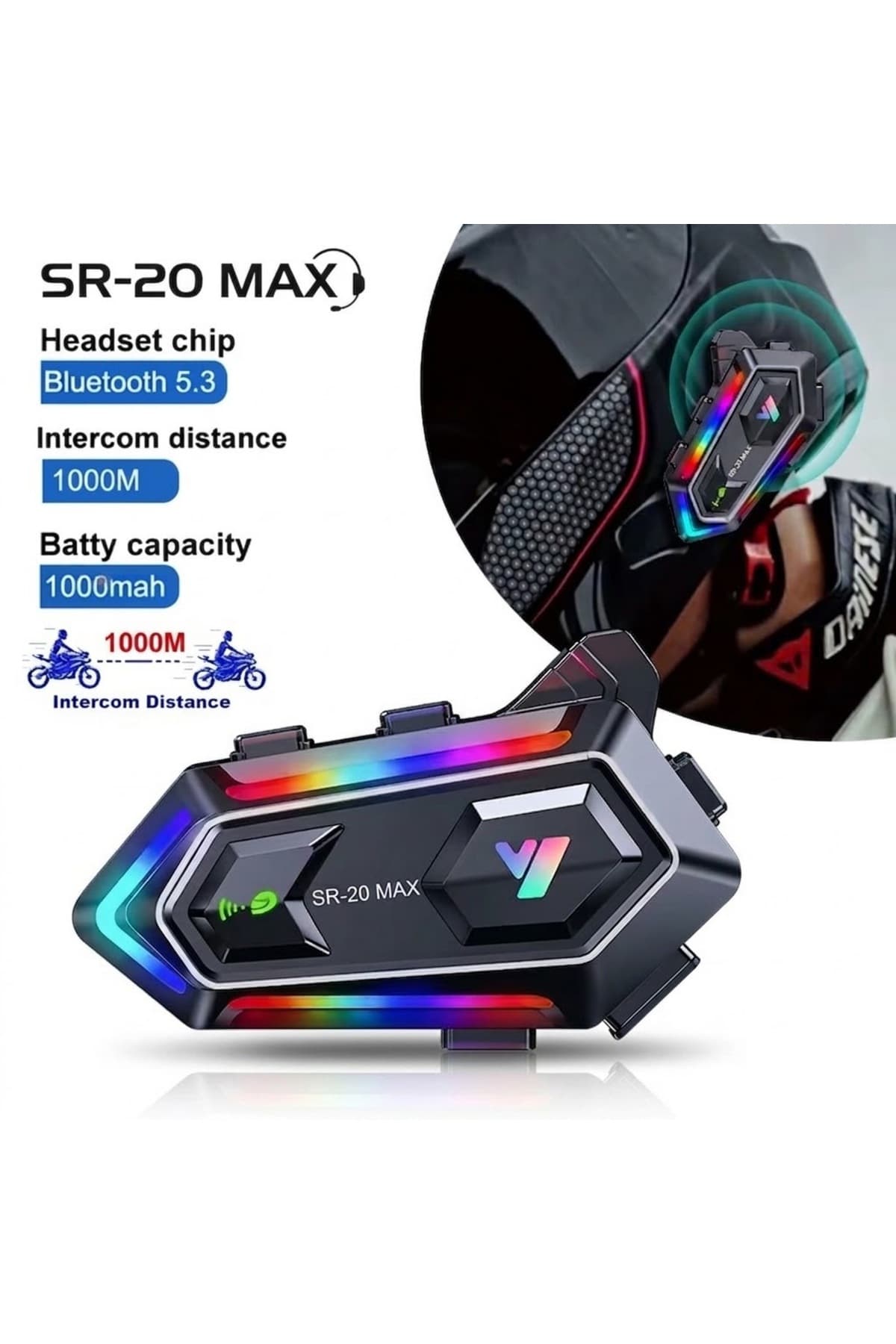 SR-20 MAX Motosiklet İnterkom Kask İçi Bluetooth 5.3 Kulaklık RGB Işıklı 1000mAh Batarya 1000m Menzil