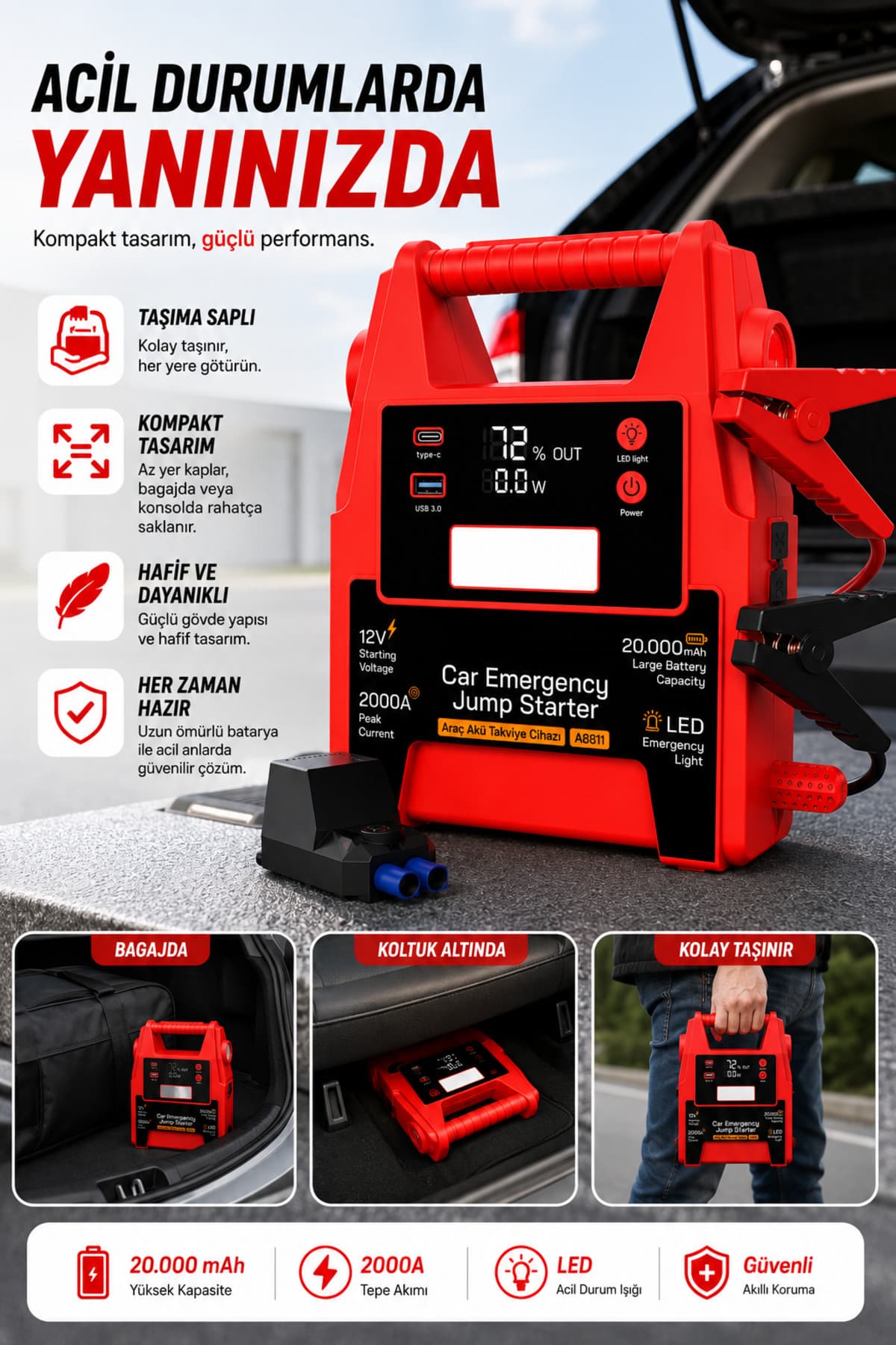 MATECHNO 12V Araç Akü Takviye Cihazı 2000A Tepe Akım 20.000 mAh Powerbank LCD Göstergeli LED Fenerli Taşınabilir Jump Starter