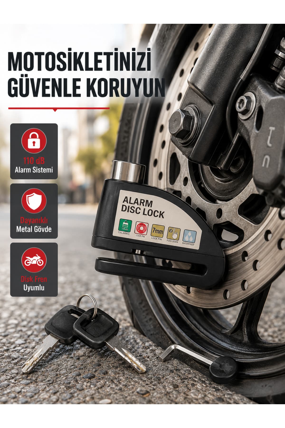 Lisinya 110 dB Alarmlı Disk Fren Kilidi Su Geçirmez Çelik Gövde Motosiklet Güvenlik -