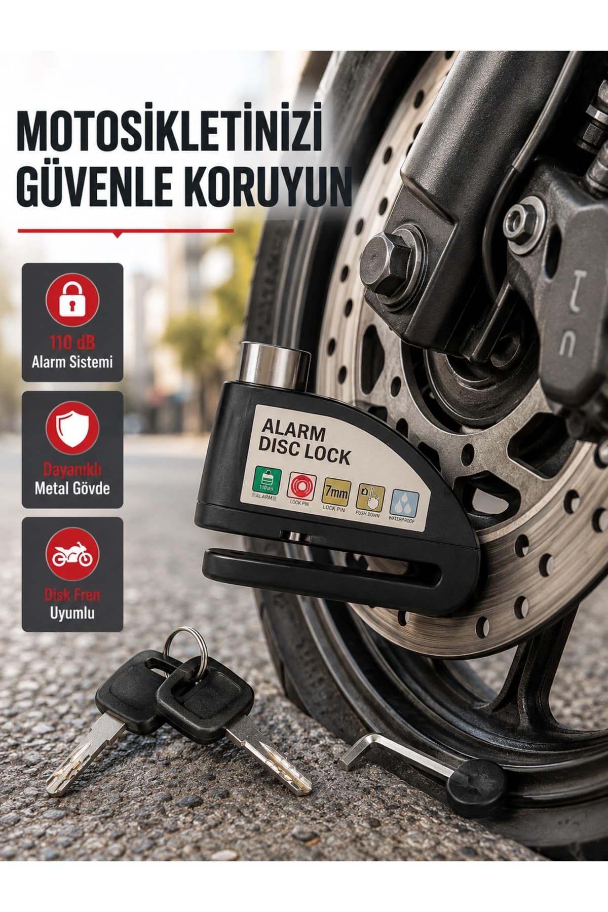 Cemile 110 dB Alarmlı Disk Fren Kilidi Su Geçirmez Çelik Gövde Motosiklet Güvenlik