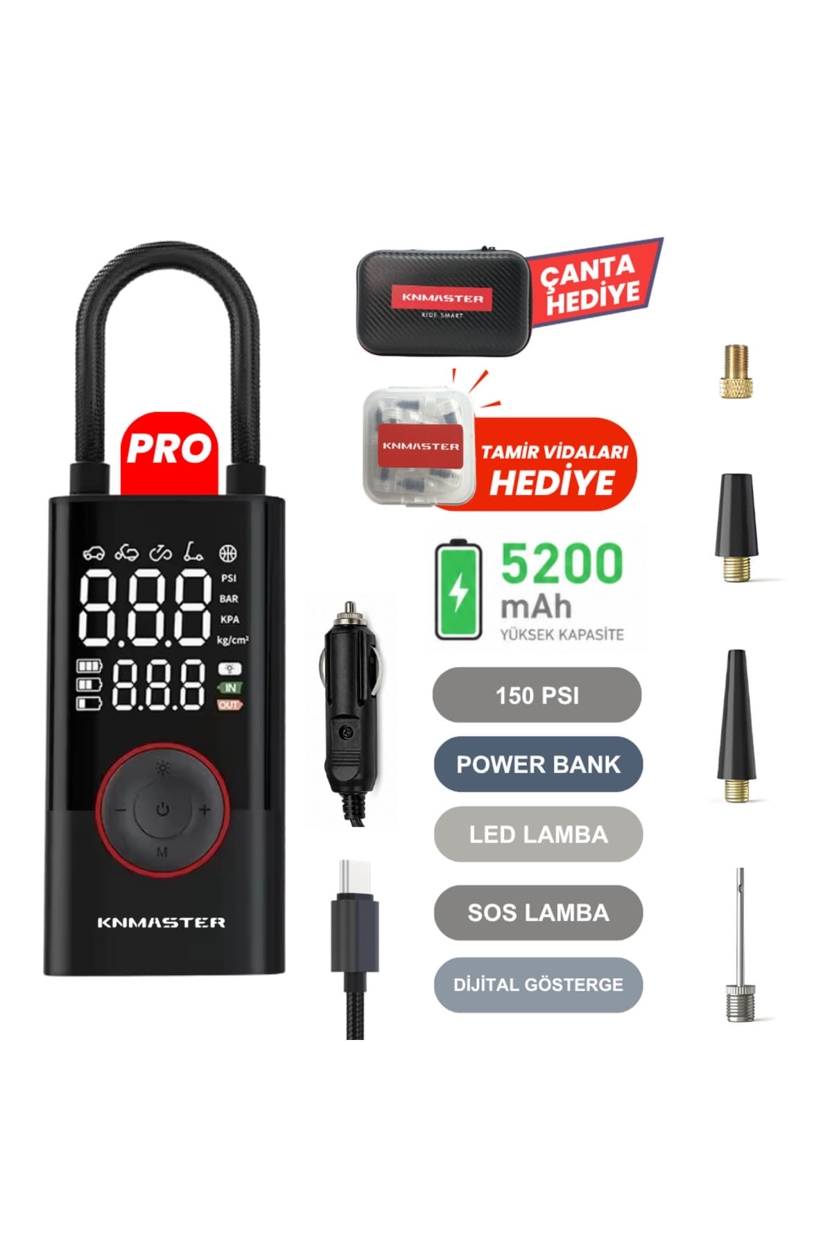 Knmaster LP200 PRO - 150 PSI Dijital Şarjlı Akıllı Lastik Pompası | Taşınabilir Hava Kompresörü