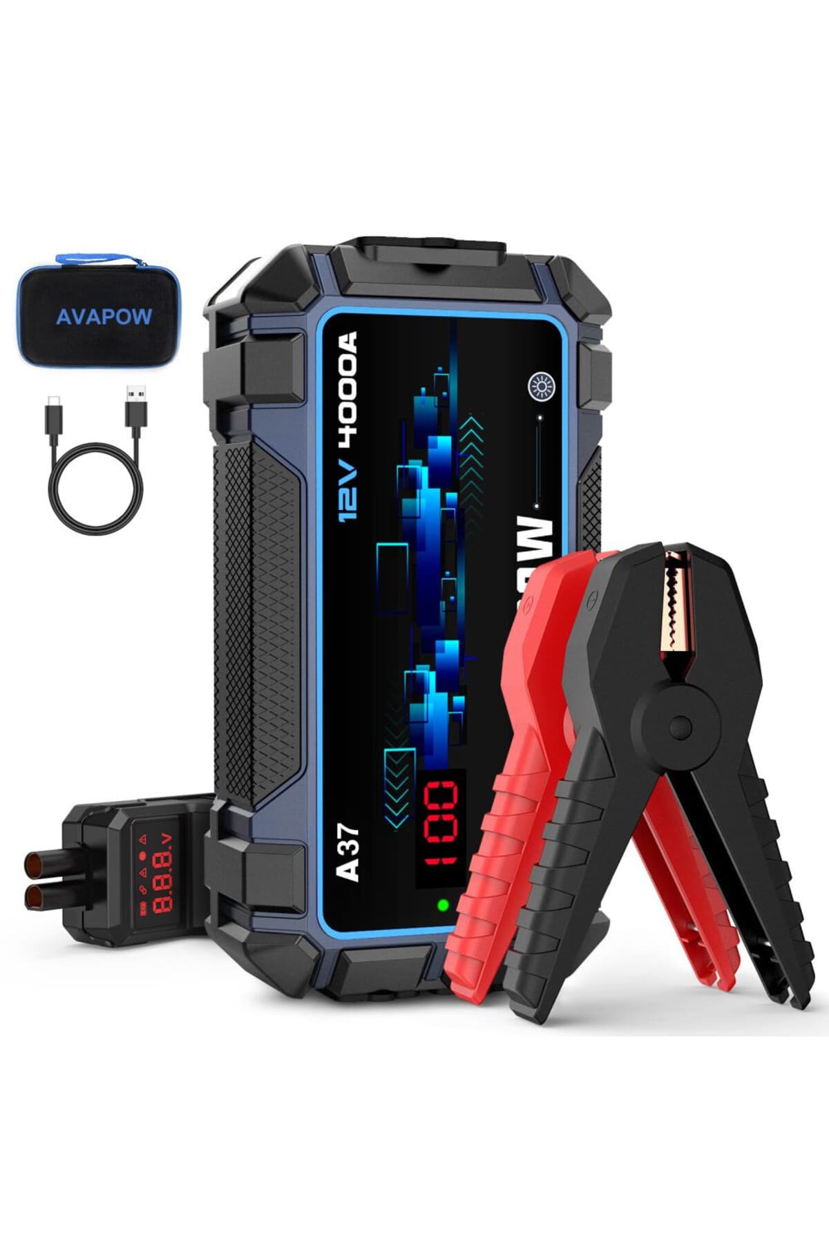 Avapow A37 26800mAh 4000A Jump Starter Taşınabilir Akü Takviye Kiti Powerbank-PD60W + LCD + LED Işık