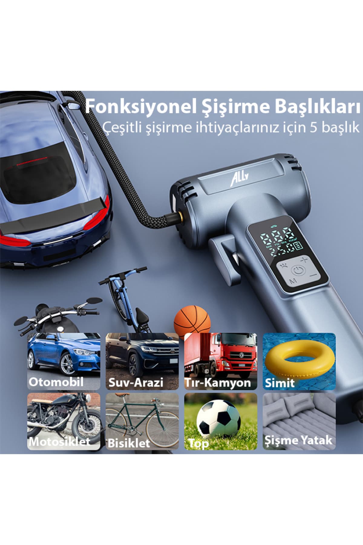 Ally ST-5530 Dijital Şarjlı Araç Lastik Hava Şişirme Pompası Power bank Penere kırıcı SIYAH