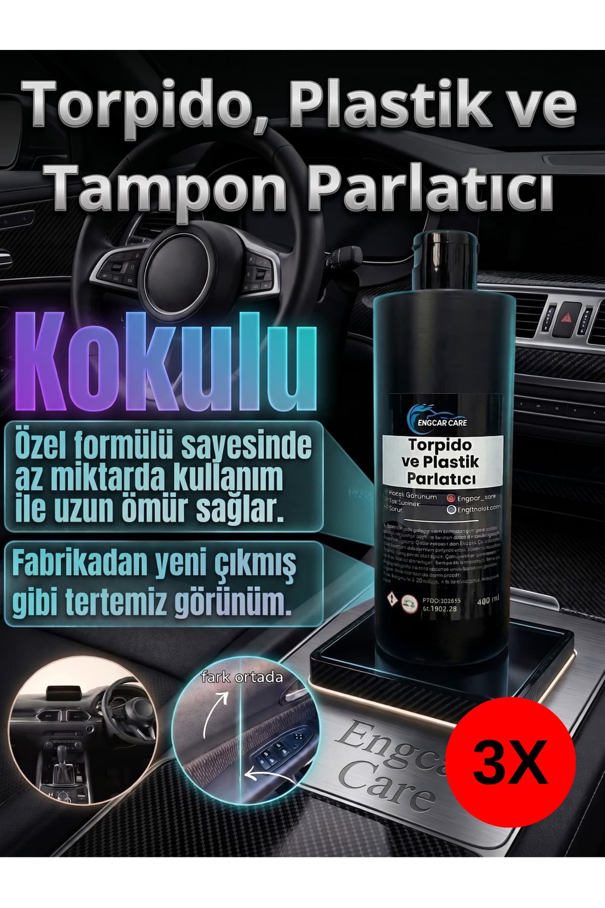 EngCar Care 3 Adet Torpido Parlatıcı Temizleyici Sprey Fresh Kokulu- Plastik Parlatıcı Yenileyici Süt 400ml