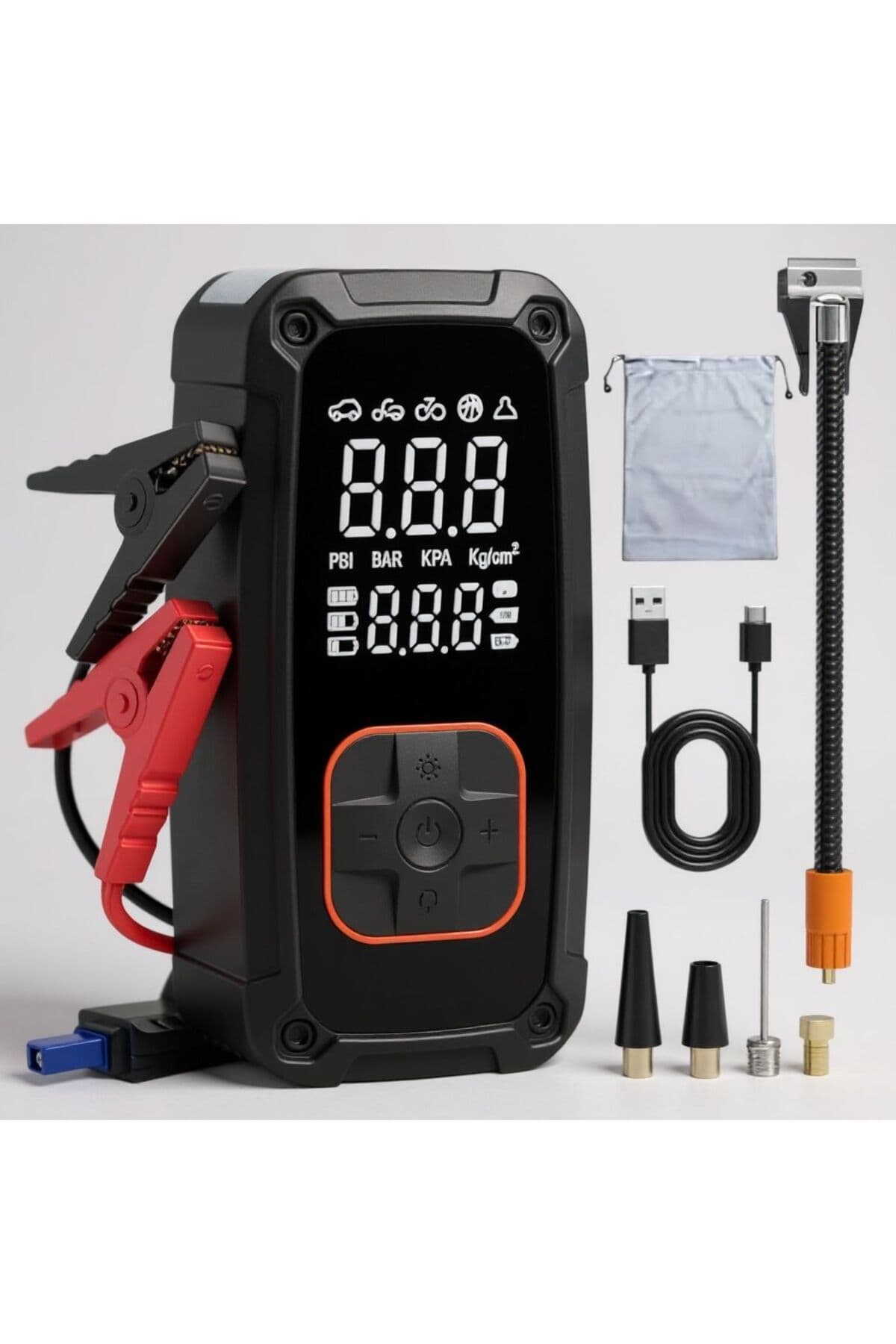 Rico Professional 2’si 1 Arada Akü Şoklama ve Şarjlı Dijital Hava Kompresörü 150 PSI LED Işıklı