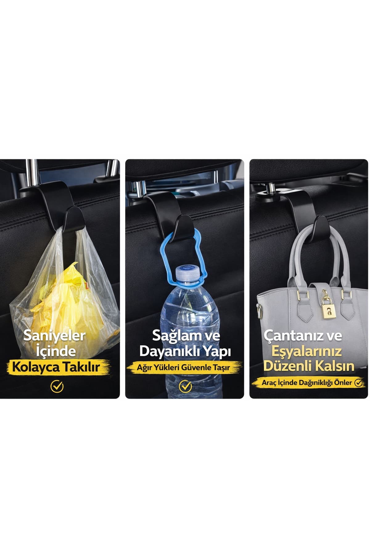 Ultra Dayanıklı Araç İçi Kanca 4 Adet – Koltuk Arkası Çanta & Poşet Askısı