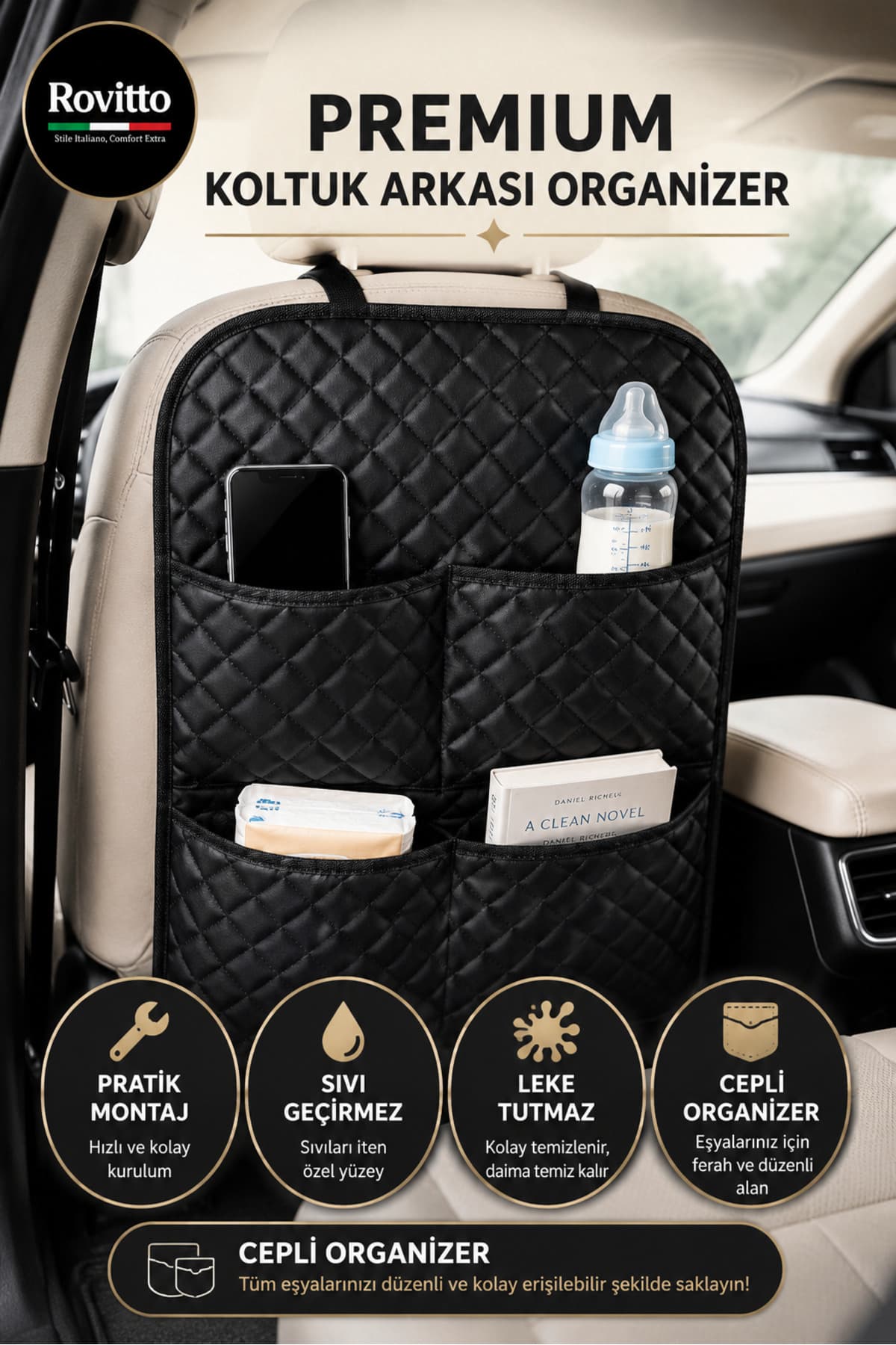 Premium Koltuk Arkası Düzenleyici - Araç Içi Organizer - Bölmeli - Deri Siyah(1 Parça)