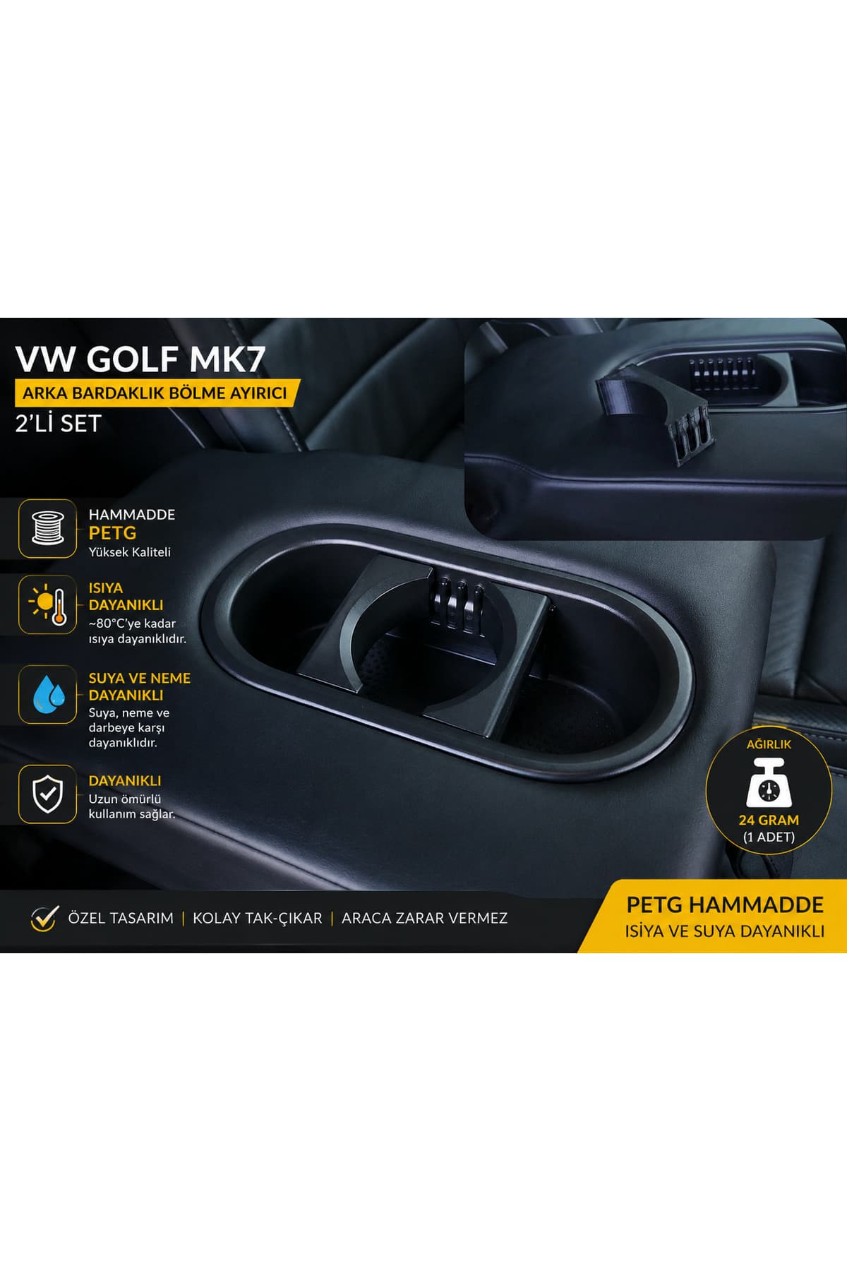 VW Golf MK7 Arka Koltuk Bardaklık Bölme Ayırıcı Seti (2'li Set) PETG 3D Baskı Isıya ve Suya Dayanıklı