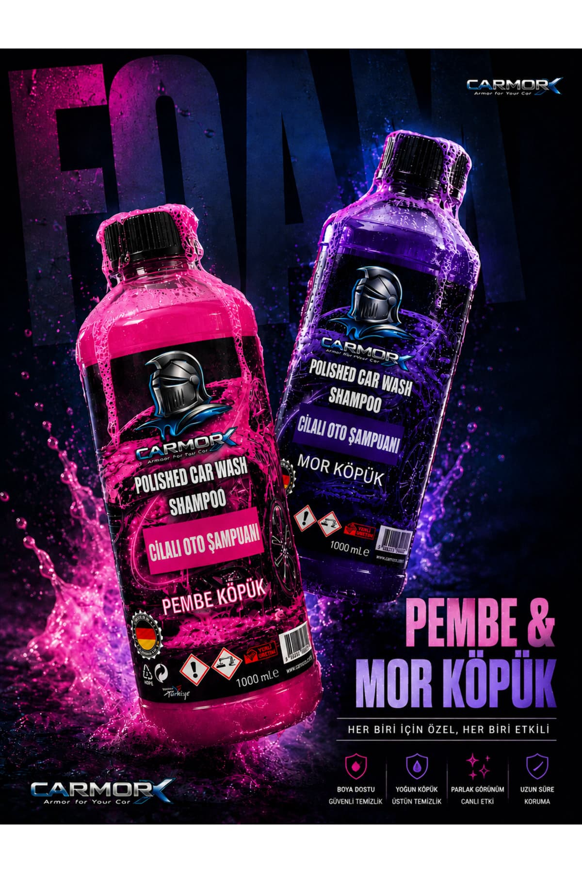 Cilalı Oto Şampuan Seti Pembe + Mor 2 x 1 L Yoğun Köpük Parlaklık ve Koruma