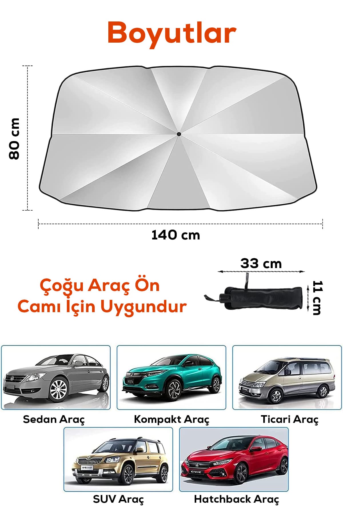 Araç İçi Ön Cam Güneşlik Şemsiyesi 140x80 cm Katlanabilir Isı Koruyucu + Numaratörlü Telefon Tutucu Hediye