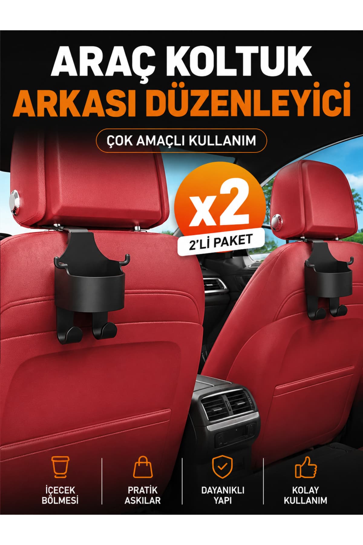 Araç Koltuk Arkası Organizer - 2'li Paket - Bardak + Telefon + Tablet Tutucu - Araç İçi Düzenleyici Askılık Aparat
