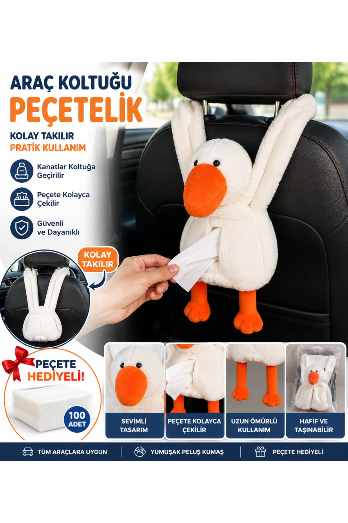 Araç Koltuğu Leylek Peçetelik Peluş Koltuk Arkası Peçete Tutucu Peçete Hediyeli