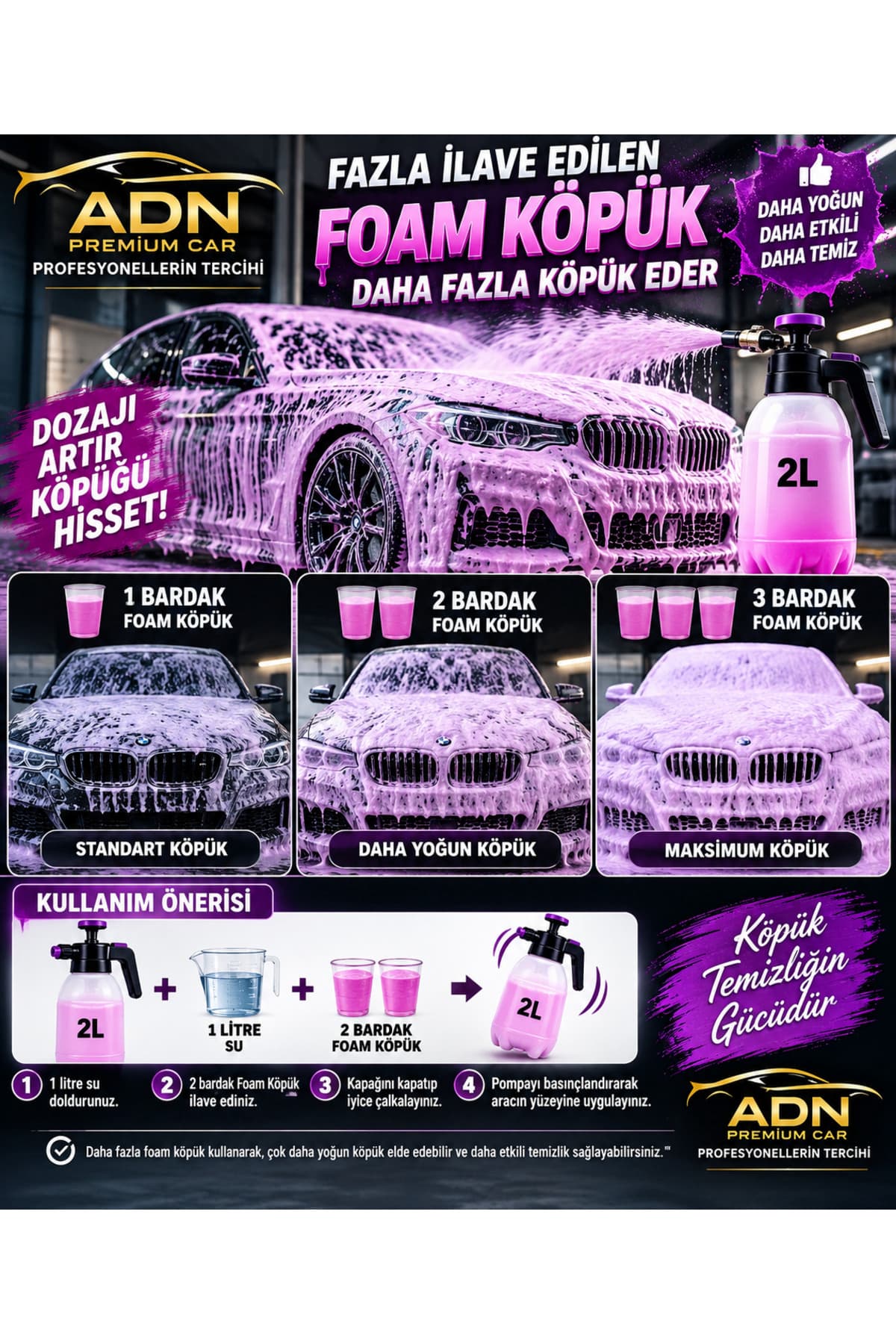 PEMBE KÖPÜK| 2li PAKET | CİLALI OTO KÖPÜK- 1 litre + 1 Litre