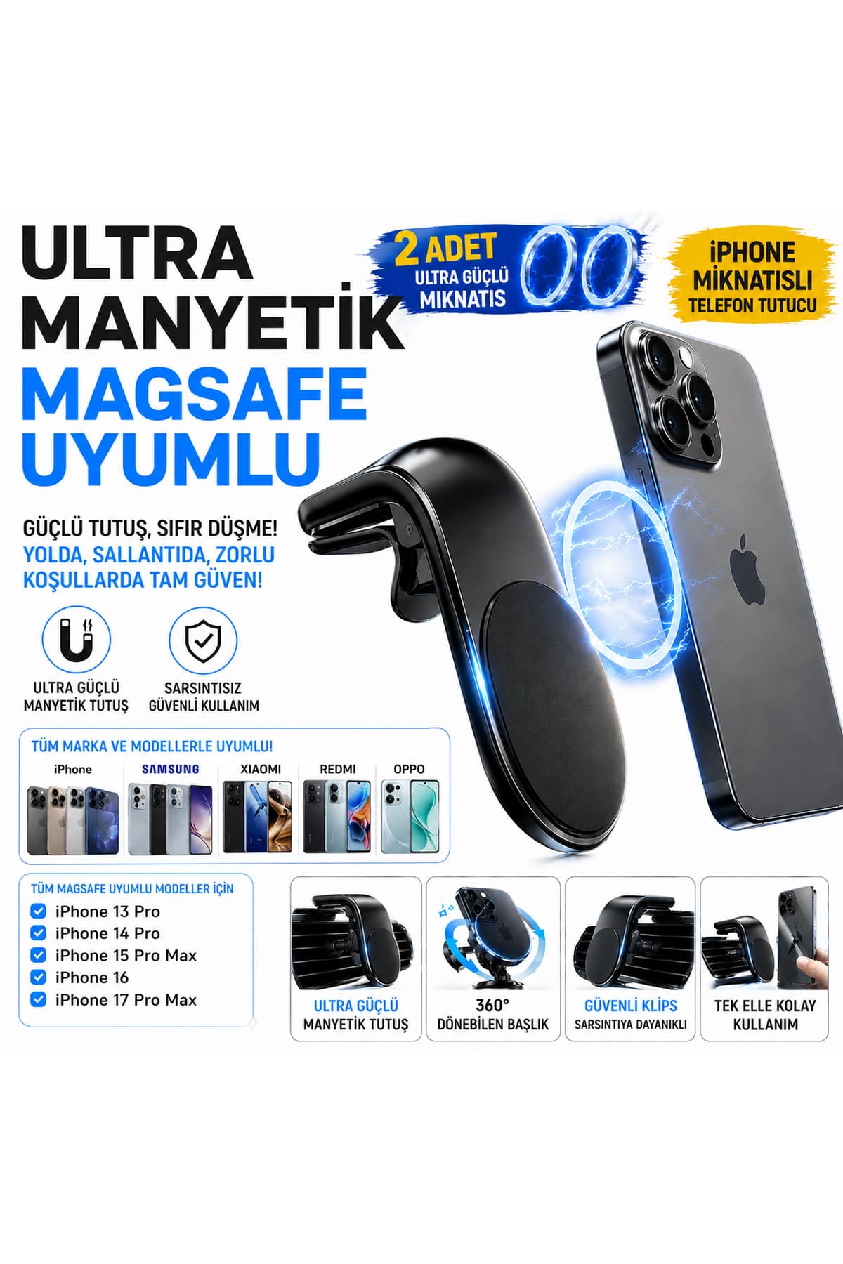 Manyetik Güçlü Mıknatıslı Izgara Tipi Mandallı Araç Içi Telefon Tutucu