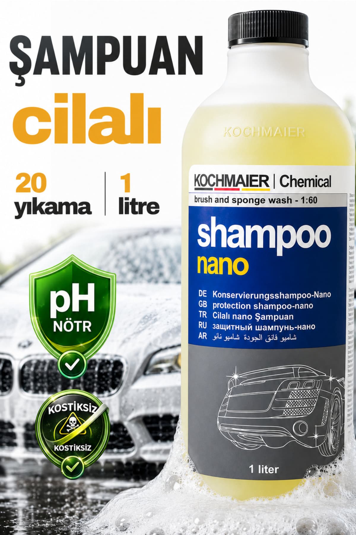 Cilalı Oto Şampuanı 1 L – pH Nötr, Kostiksiz, Boya Koruyucu Araç Yıkama Şampuanı Nano Konsantre 1:60 1 Litre