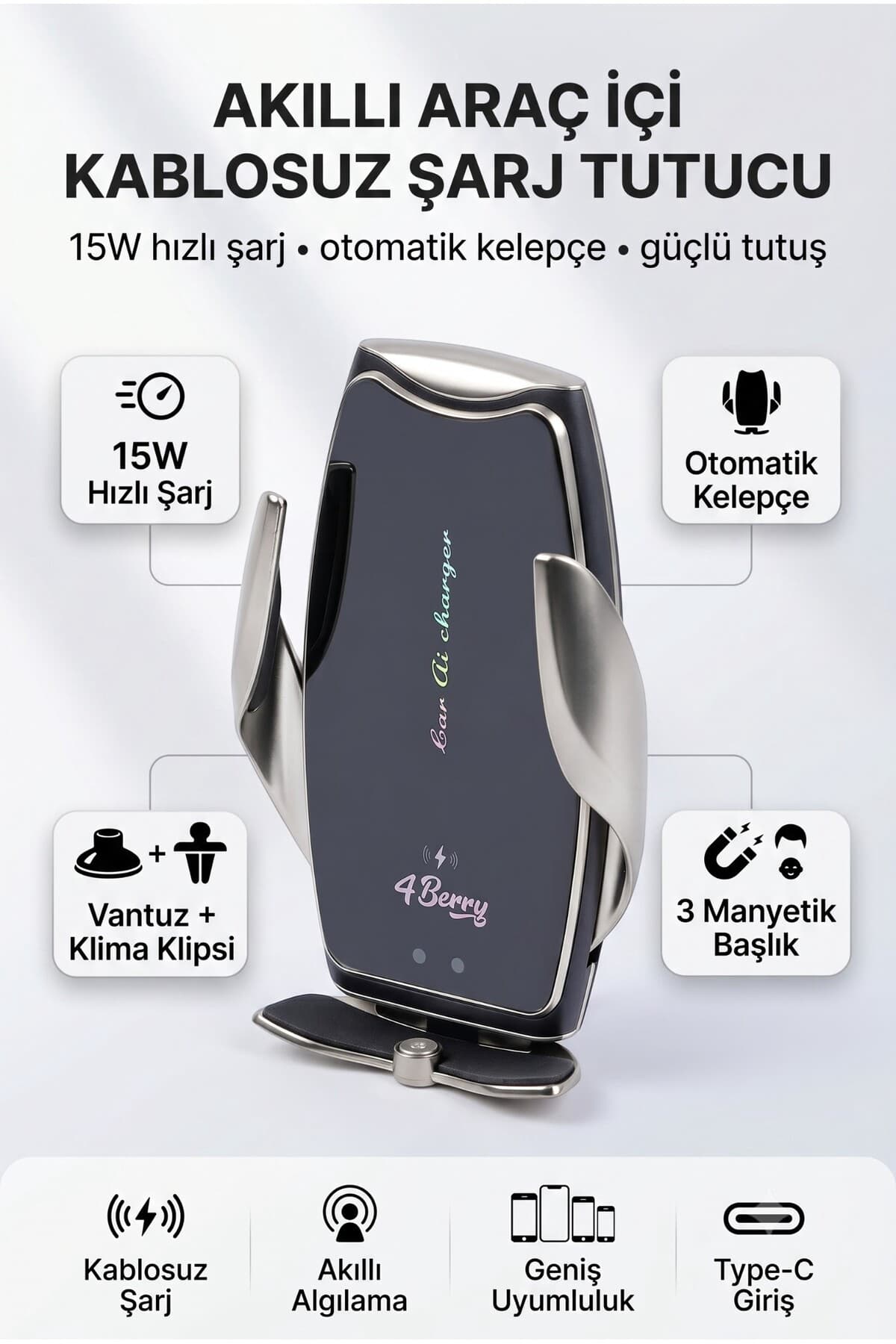 A8g Gri Araç Tutucu – 15 W Kablosuz Hızlı Şarj, Otomatik Kıskaçlı